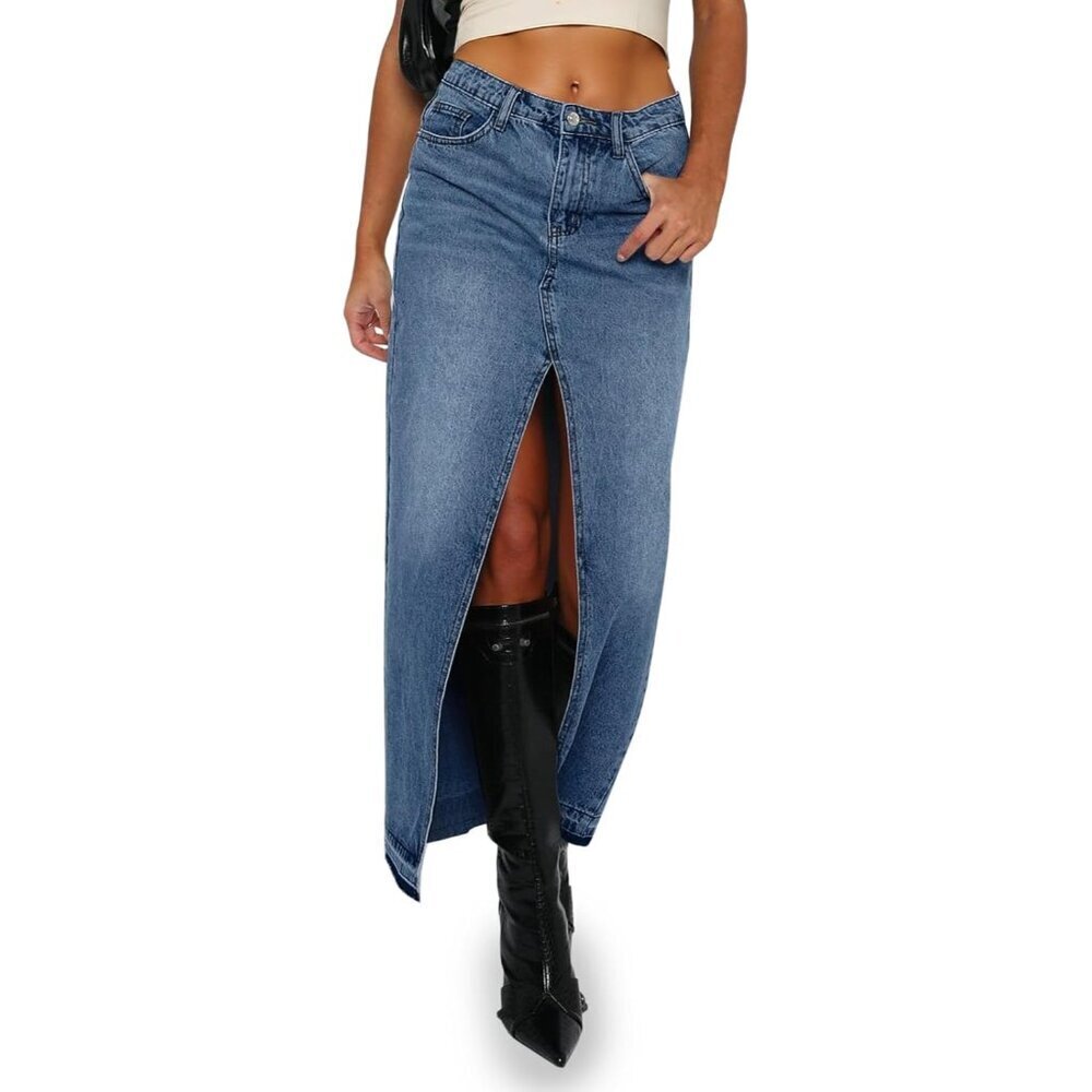 Women's Long Denim Maxi Skirt High Waisted Frayed Hem Split Casual Wear